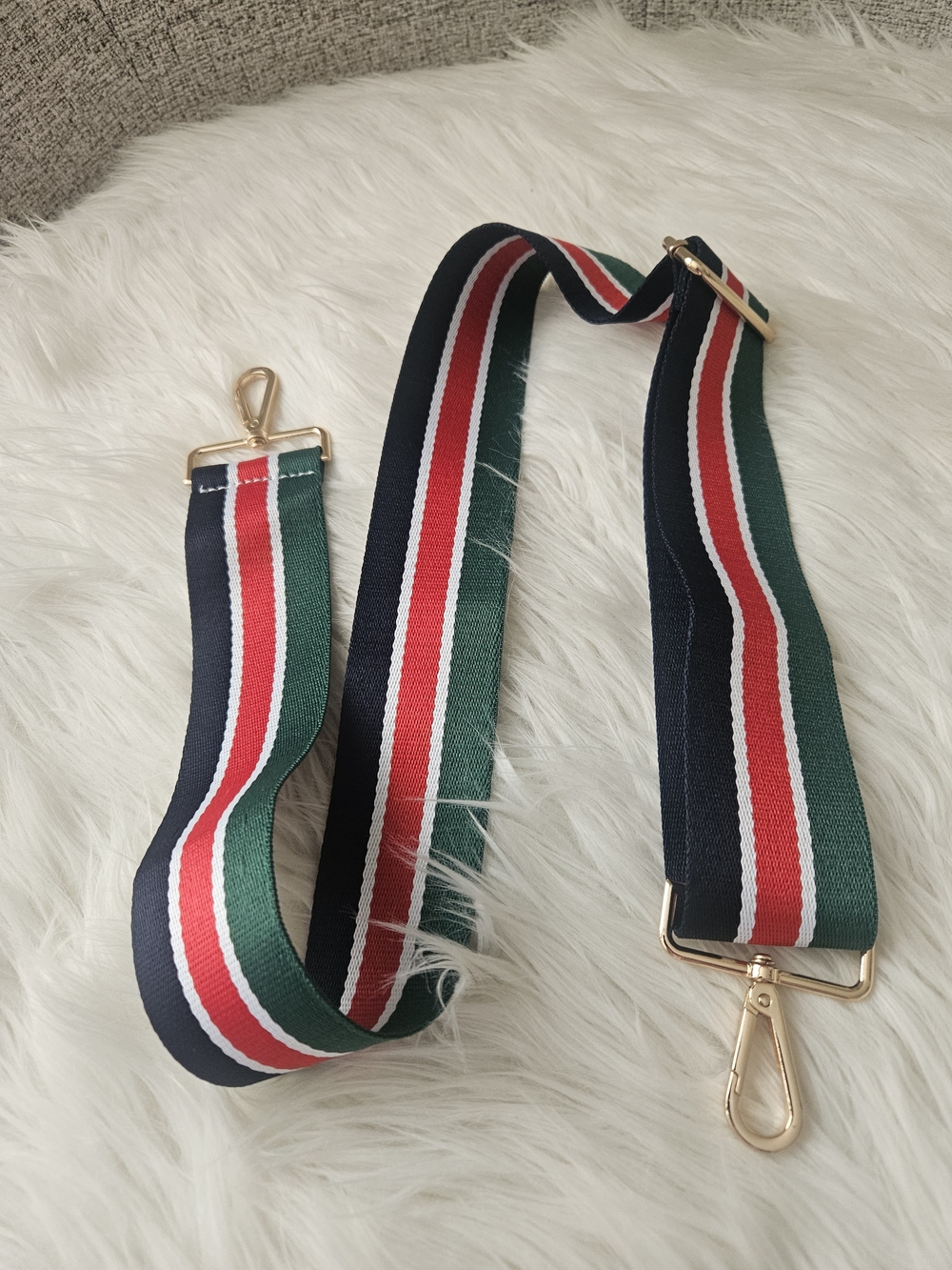 Adjustable Navy, Green & Red Striped Bag Strap with Gold Hardware